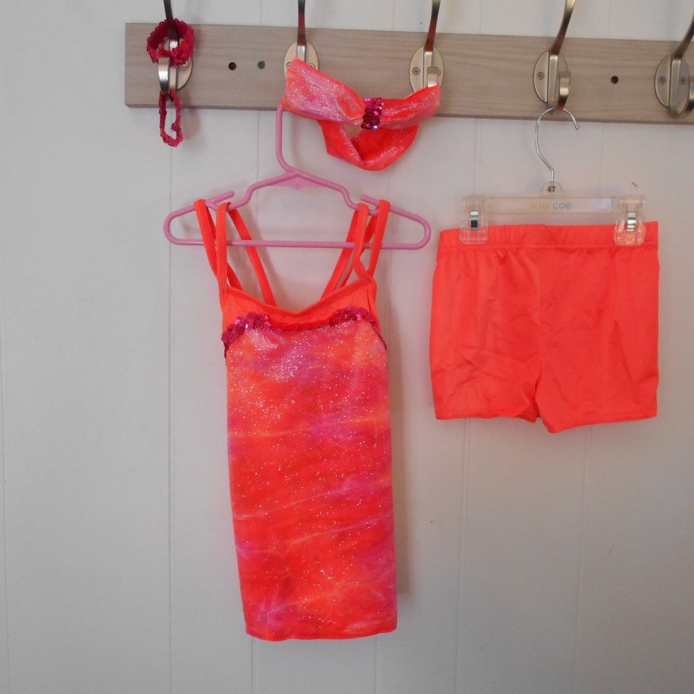 2 Piece Orange Dance Outfit with Headband & Wristbands Child Medium New